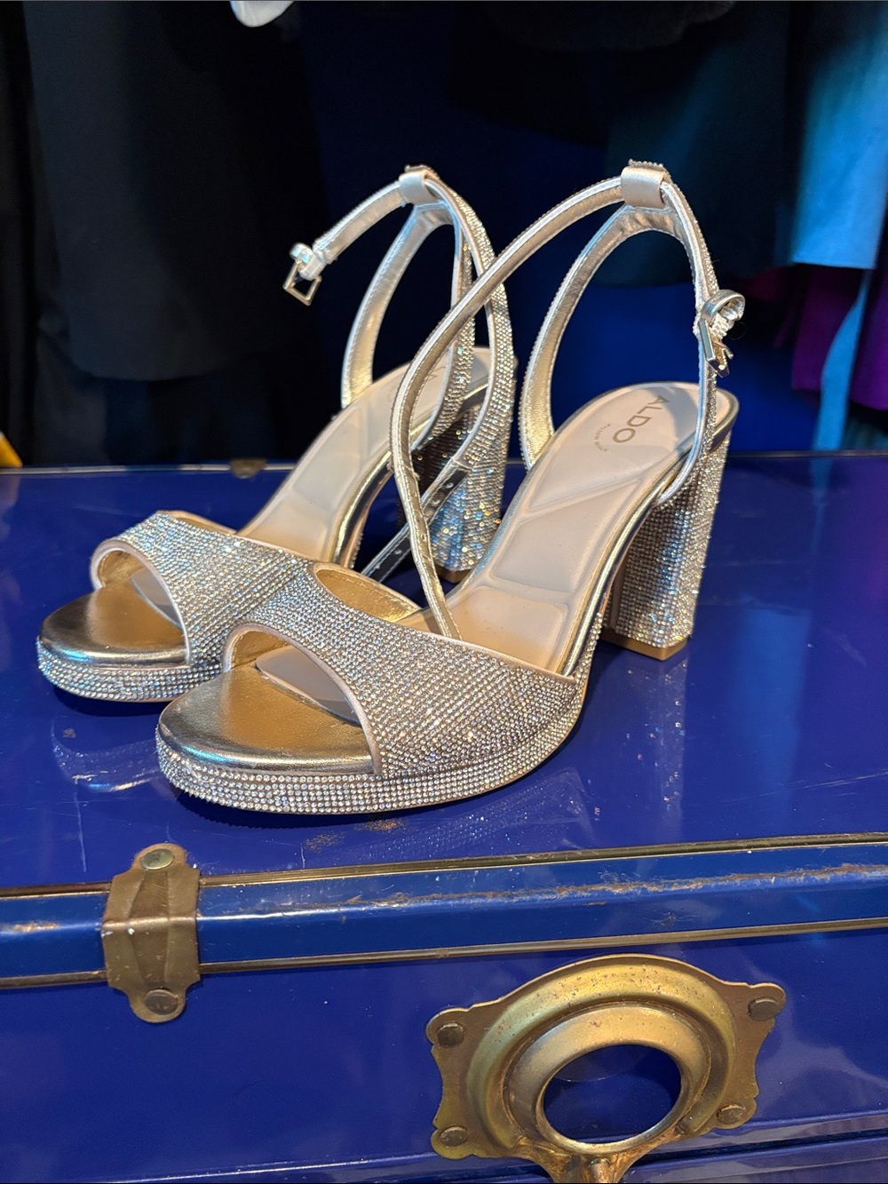 Aldo Women's Silver Rhinestone Block Heel Sandals